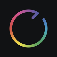 Simple arrow, update, reload, clockwise direction, forward. Navigation icon. Linear symbol with thin line. One line style. Rainbow color and dark background