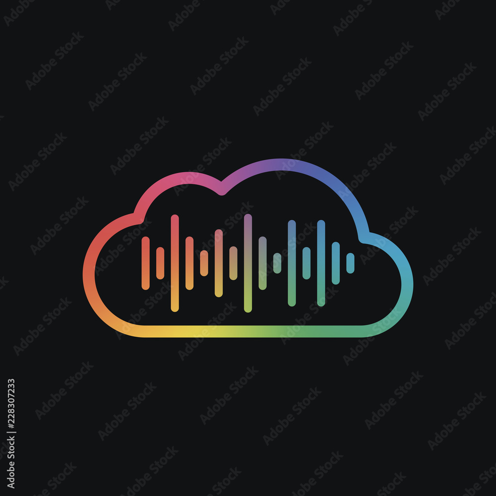 Poster simple icon with cloud and sound equalizer wave. thin outline. rainbow color and dark background