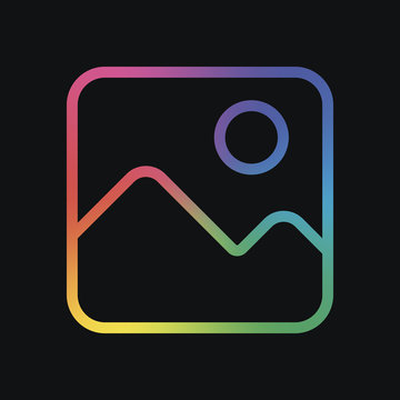 Simple picture icon. Linear symbol, thin outline. Rainbow color and dark background