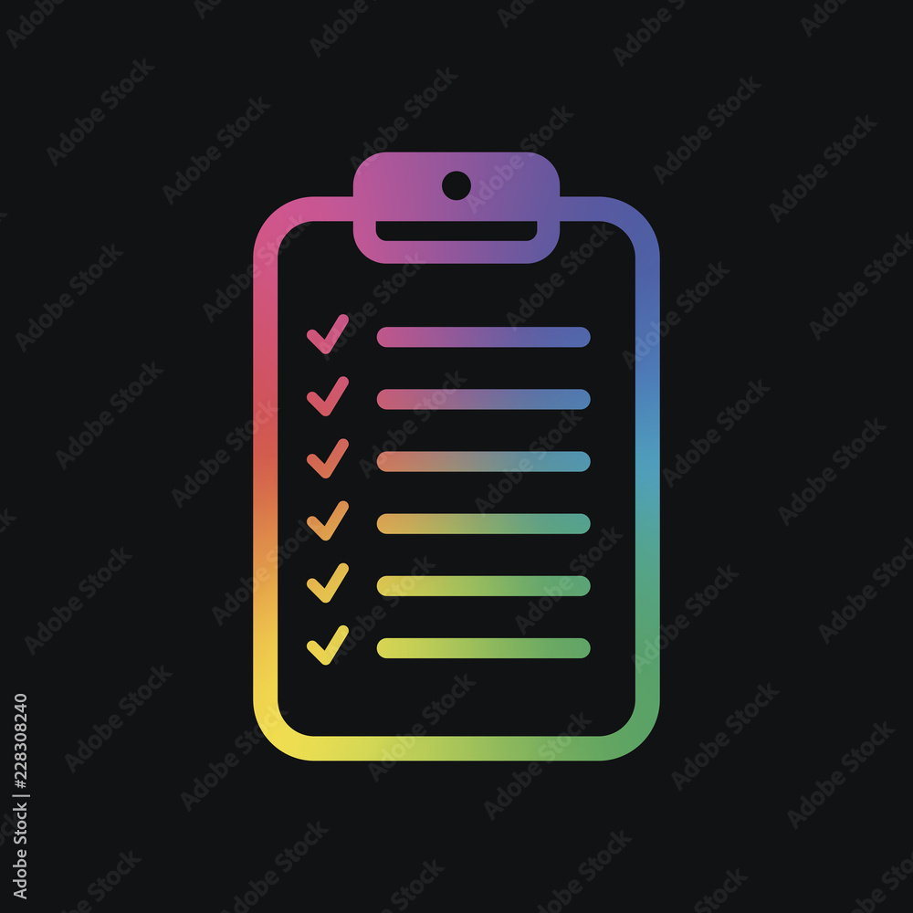 Poster tablet and paper, checklist with check marks. linear, thin outline. rainbow color and dark backgroun