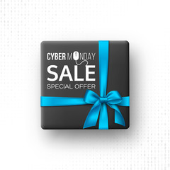 Cyber monday sale poster or banner for seasonal discounts. Black box with realistic silk blue bow on code background. Sale concept. Vector illustration.