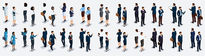 Isometric large set of businessmen and business woman, front view and rear view, vector illustration