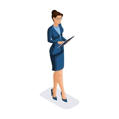 Isometric business woman with gadgets, young entrepreneur, looks at a report on a tablet, makes a presentation, smartphone, makes a video, vector illustration