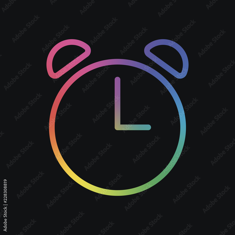 Poster alarm clock. linear, thin outline. rainbow color and dark background