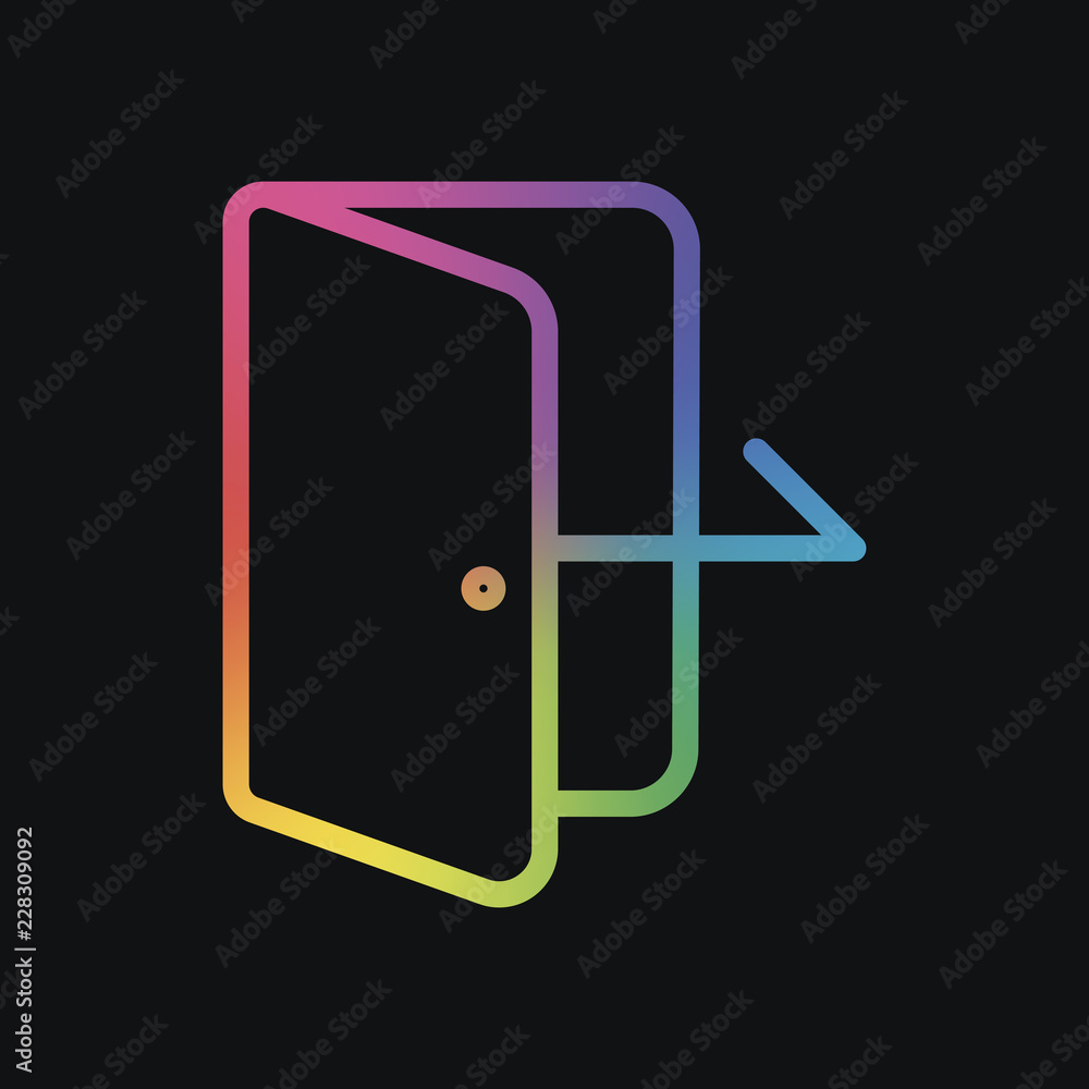 Aufkleber exit icon. linear, thin outline. rainbow color and dark background
