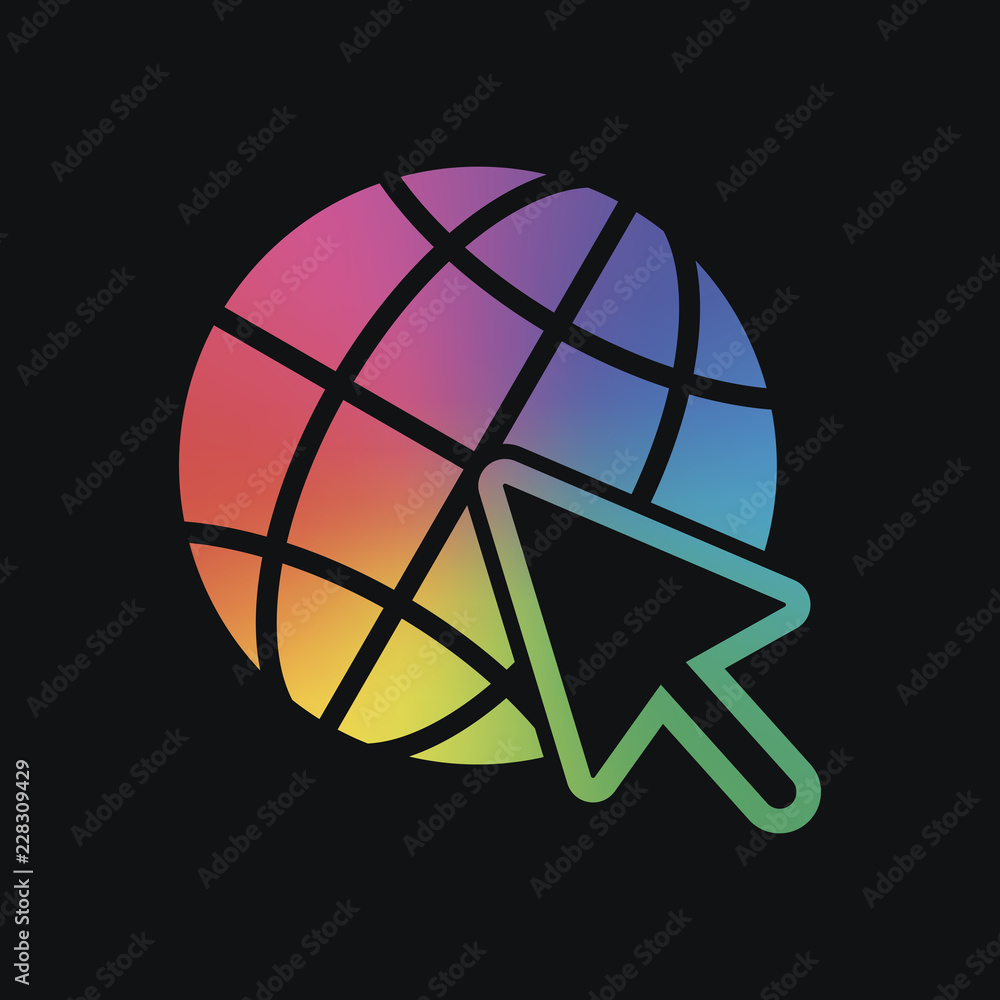 Poster globe and arrow icon. rainbow color and dark background