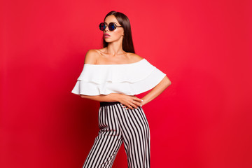 Portrait of nice elegant content well-groomed attractive cool la