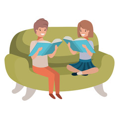 couple of children sitting in sofa with book avatar character