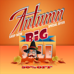 Seasonal design with figurative 3d texts, shopping bag and leaf in autumn colors for autumn season, sales, commercial event; Vector illustration