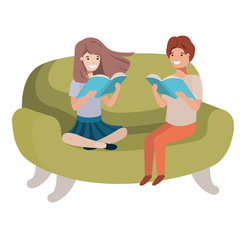 couple of children sitting in sofa with book avatar character
