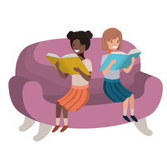 women sitting in sofa with book avatar character