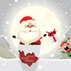 Christmas card-Elf adds gifts to Santa Claus who that divides them through the chimney