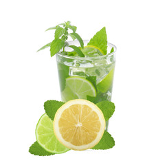 glass with mojito with lemons, mint and lime isolated on white