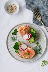 Sandwiches with smoked pink salmon, radish, cucumber and cream cheese on gray ceramic plate and textile background. Traditional Scandinavian toast. Top view.