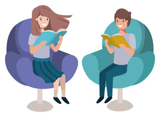 couple of children sitting in sofa with book avatar character