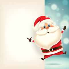 Santa Claus jumping and showing retro blank signboard isolated on a turquoise background,Christmas greeting card