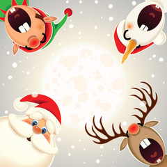 Santa Claus,Reindeer,Snowman and Elf singing Christmas carol in the snow scene and moon on the background