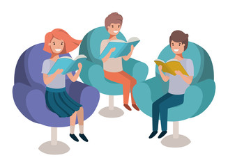 group of people sitting in sofa with book avatar character
