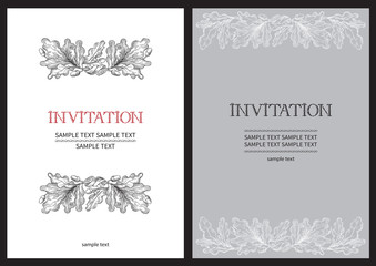 Vintage Invitation cards. Vector backgrounds with lettering hand drawn  text and  oak leaves at retro style
