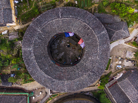 China, Fujian Province, aerial view of a tulou in a Hakka village