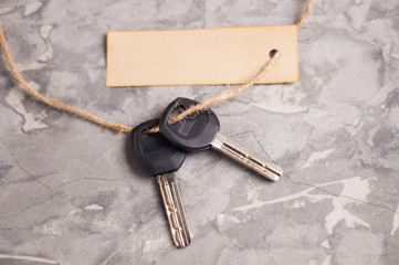 Blank rectangle paper and rope tied to two shiny metal keys with black plastic handle  on old gray...