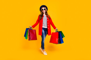 Full length body size portrait of cheerful positive glad charmin