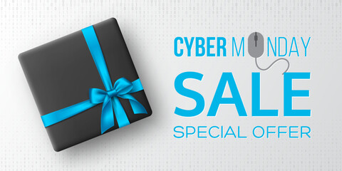 Cyber monday sale horizontal poster or banner for seasonal discounts. Black box with realistic silk blue bow on code background. Sale concept. Vector illustration.