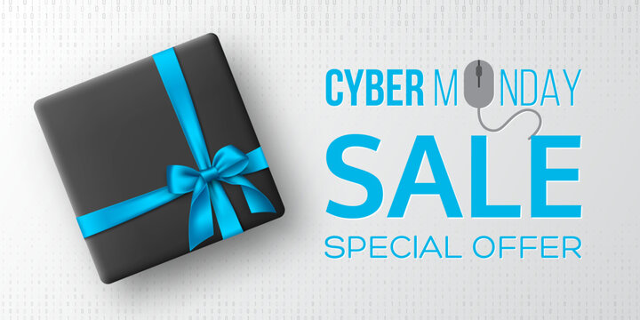 Cyber monday sale horizontal poster or banner for seasonal discounts. Black box with realistic silk blue bow on code background. Sale concept. Vector illustration.