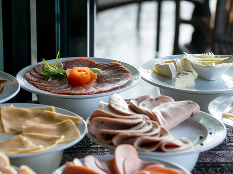 Buffet meal at a hotel,appetizer. Hotel breakfast board all you can eat buffet