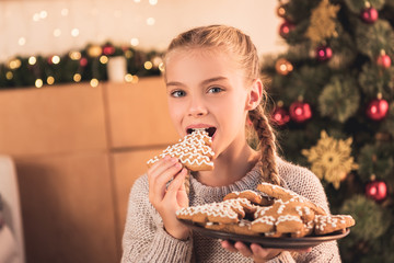 adorable preteen kid eating cookie and holding plate with traditional christmas gingerbread cookies