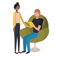 couple sitting in sofa with book avatar character