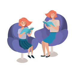 women sitting in sofa with book avatar character