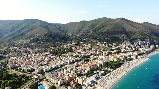 SPOTORNO, ITALY - JULY 7, 2018: aero Panorama of Spotorno village, Seaside Spotorno, Mediterranean sea, Liguria, Italy. summer hot day