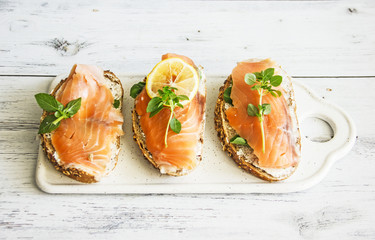  Sandwiches with Salmon and Lemon on a Tree Background