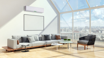 modern bright interiors Living room with air conditioning illustration 3D rendering computer generated image