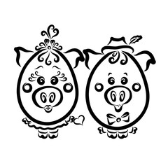Romantic couple, lady and gentleman, two cute little pigs with a heart