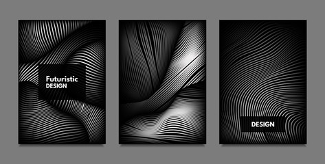 Distortion of Lines. Abstract Backgrounds with Vibrant Gradient and Wavy Stripes. Monochrome Cover Templates Set with Volume and Metallic Effect. Distorted Shapes for Business Presentation, Brochure.