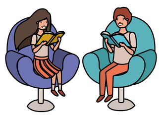 couple of children sitting in sofa with book avatar character