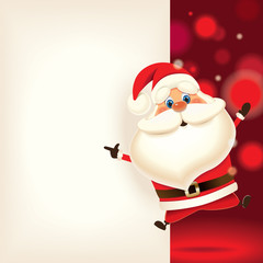 Santa Claus jumping and showing retro blank signboard isolated on a red background,Christmas greeting card