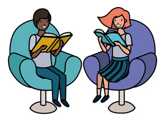 couple of children sitting in sofa with book avatar character