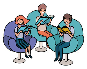 group of people sitting in sofa with book avatar character