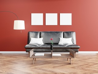 Living room interior with Black leather sofa, Blank poster on red wall background, Minimal Rustic, 3D Rendering