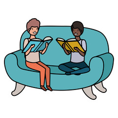 men sitting in sofa with book avatar character