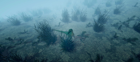 Extremely detailed and realistic high resolution 3d illustration of a Compsognathus Dinosaur in the...