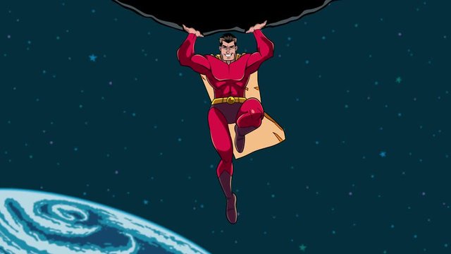 Looping animation of powerful and brave superhero holding huge asteroid above his head during dangerous mission.