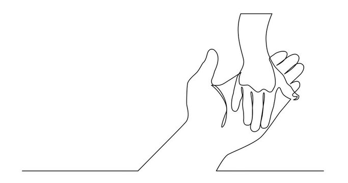 Animation of continuous line drawing of adult hand holding child hand