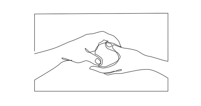 Animation of continuous line drawing of hands giving apple