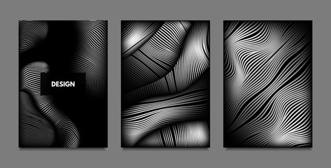 Distortion of Lines. Abstract Backgrounds with Vibrant Gradient and Wavy Stripes. Monochrome Cover Templates Set with Volume and Metallic Effect. Distorted Shapes for Business Presentation, Brochure.