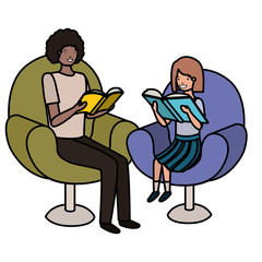 father and daughter sitting on sofa with book avatar character