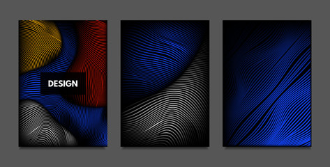 Distortion of Lines. Abstract Backgrounds with Vibrant Gradient and Wavy Stripes. Futuristic Cover Templates Set with Volume and Metallic Effect. Distorted Shapes for Business Presentation, Brochure.